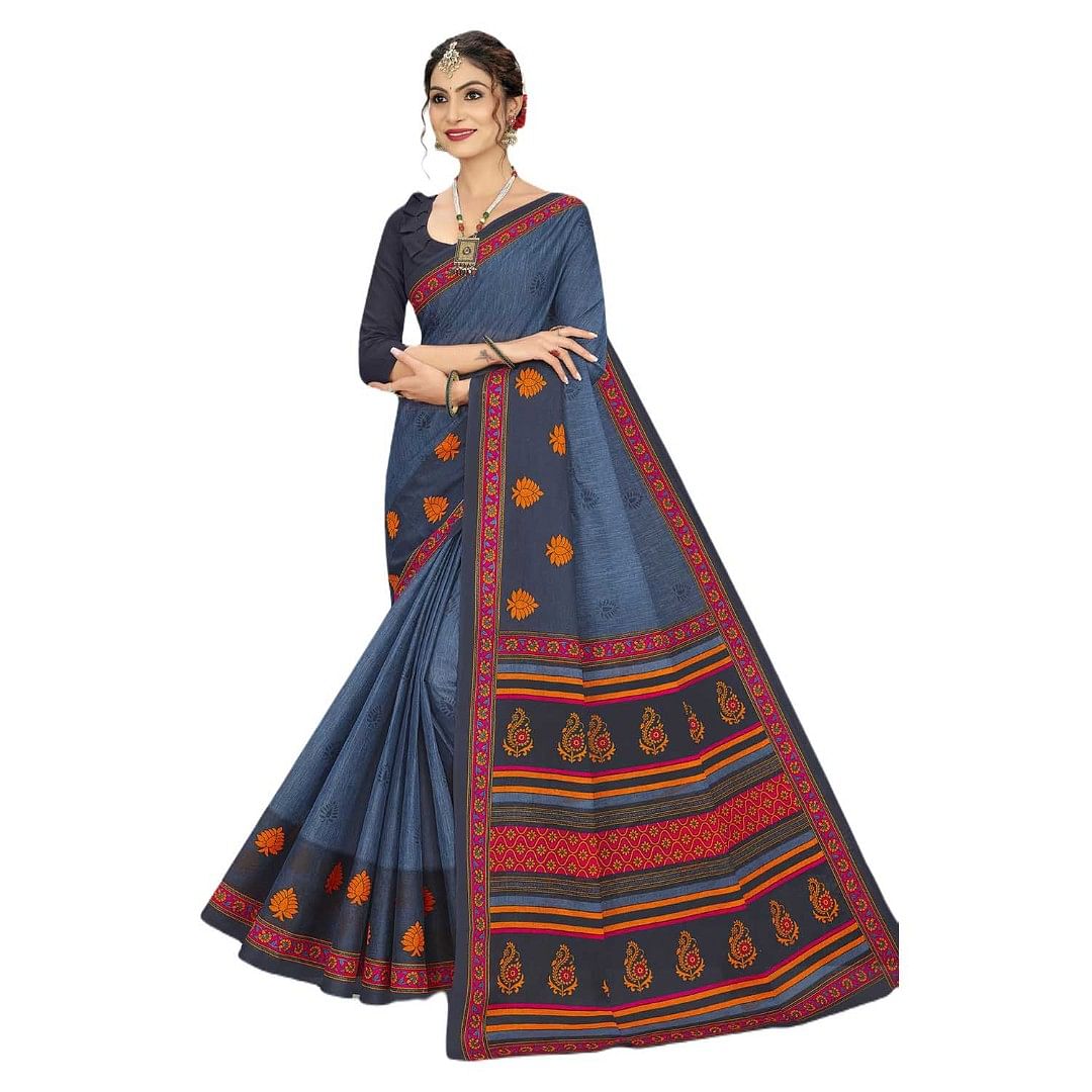 Authenzaa Women Cotton Saree JMDCS072 Navy 