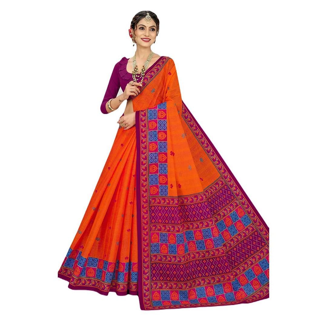 Authenzaa Women Cotton Saree JMDCS072 Carrot 