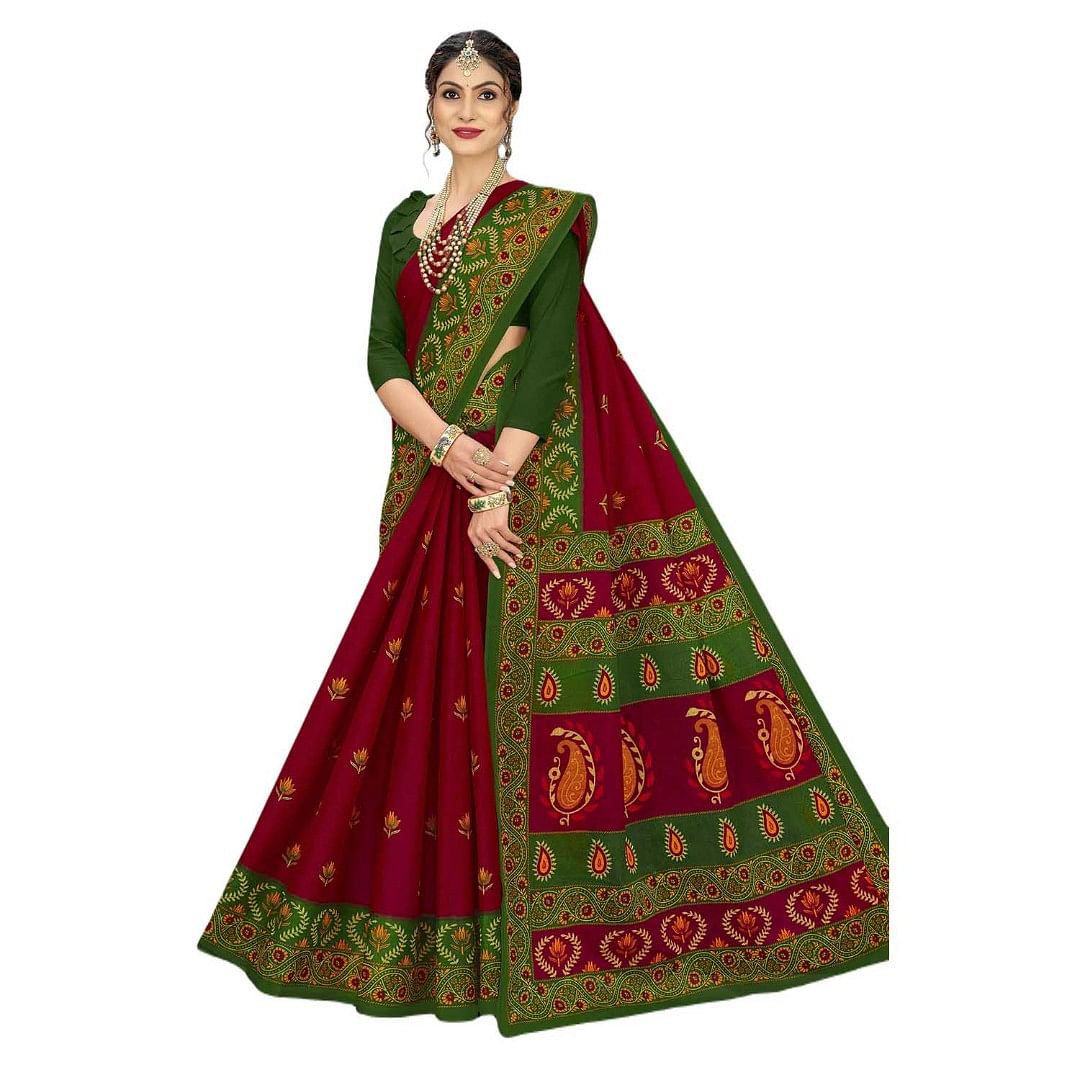 Authenzaa Women Cotton Saree JMDCS072 Deep Maroon 