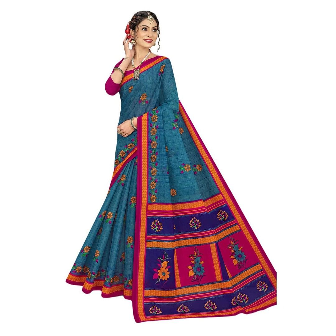 Authenzaa Women Cotton Saree JMDCS072 Cobalt 