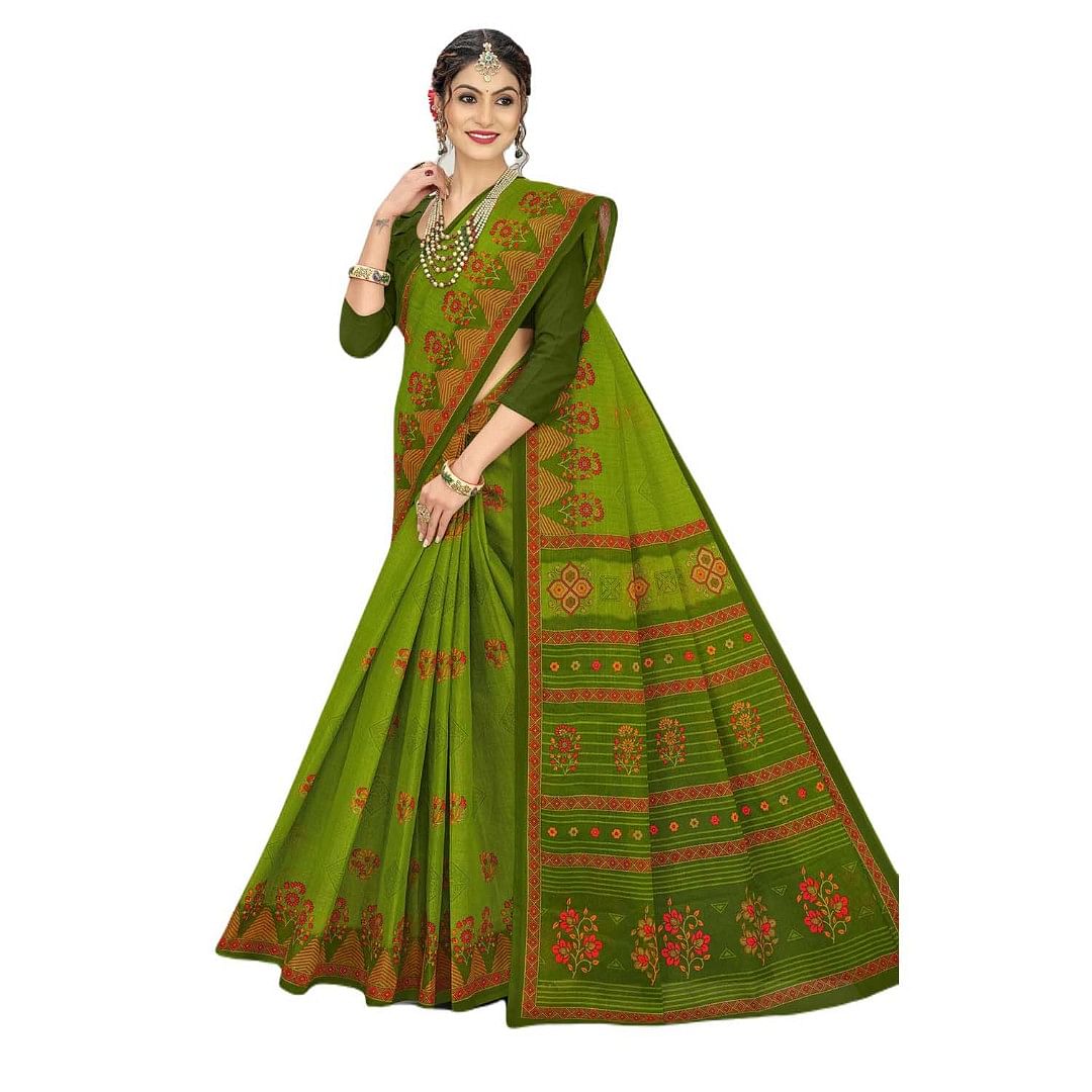 Authenzaa Women Cotton Saree JMDCS072 Kelly Green 
