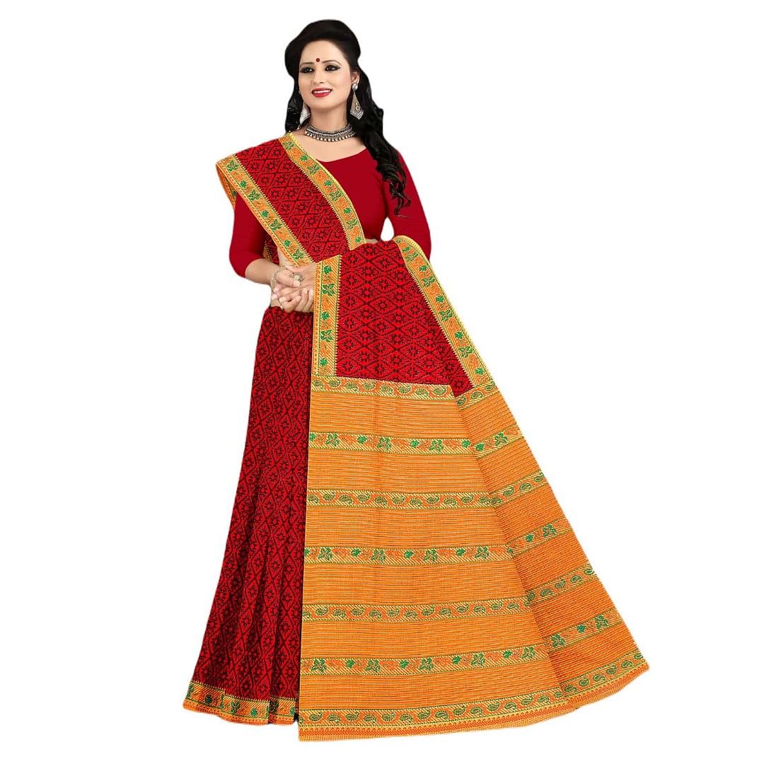 Authenzaa Women Cotton Saree JMDCS073 Burgundy 