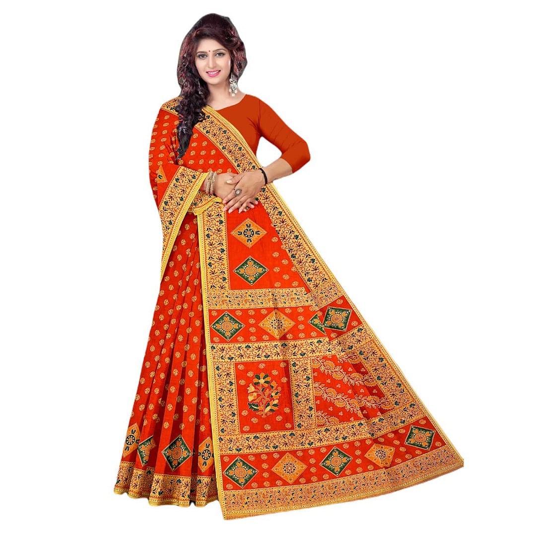 Authenzaa Women Cotton Saree JMDCS073 Scarlet 