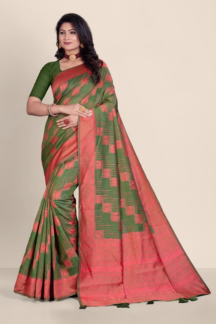 Authenzaa Women Saree YIWS025 Olive Green 