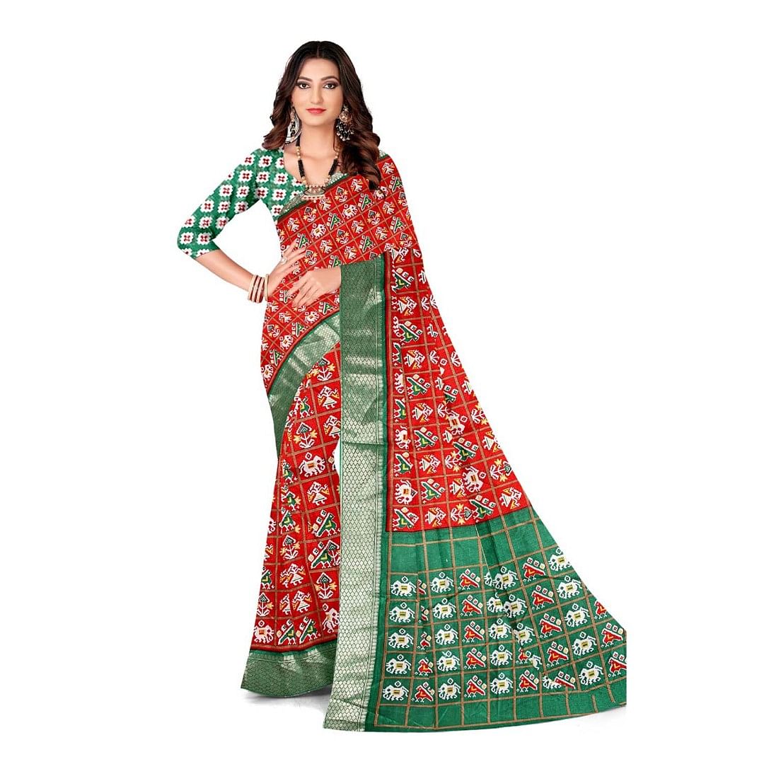Authenzaa Women Saree ASWS099  Red GREEN 