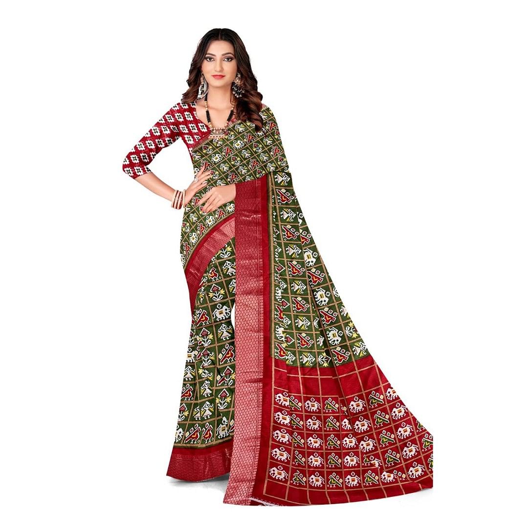 Authenzaa Women Saree ASWS099  Bottle Green Maroon 