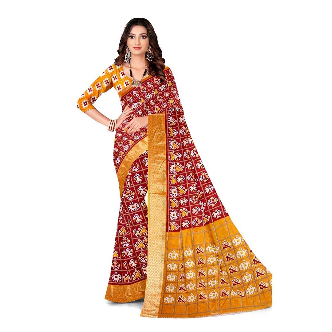 Authenzaa Women Saree ASWS099  Maroon Musturd 