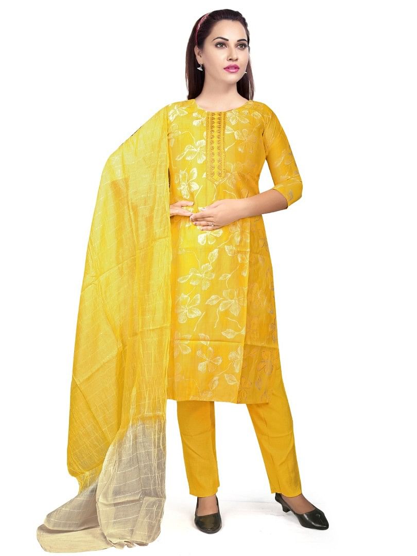Authenzaa Women 3Pcs Kurti Set KPKS002 Yellow 