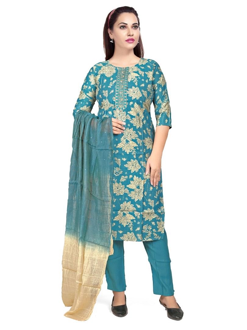 Authenzaa Women 3Pcs Kurti Set KPKS006 Sea Blue 