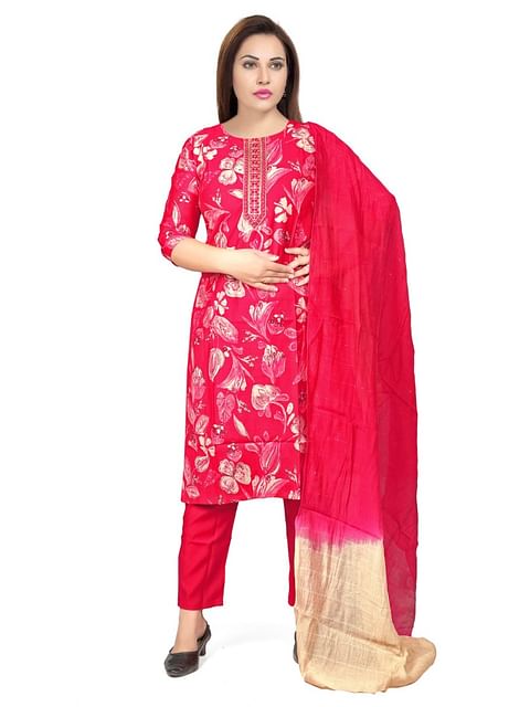 Authenzaa Women 3Pcs Kurti Set KPKS007 Light Red 