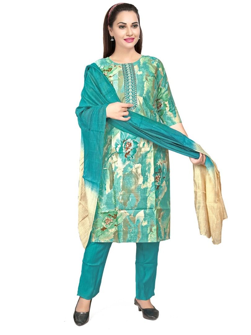 Authenzaa Women 3Pcs Kurti Set KPKS011 Sea Green 