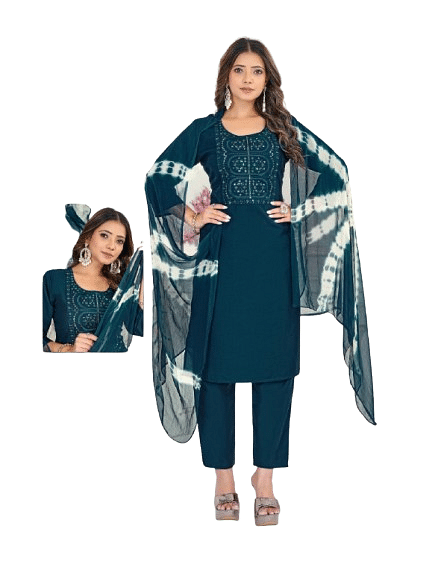Authenzaa Women 3pcs Kurti Set SMCKS008 Turqoise 