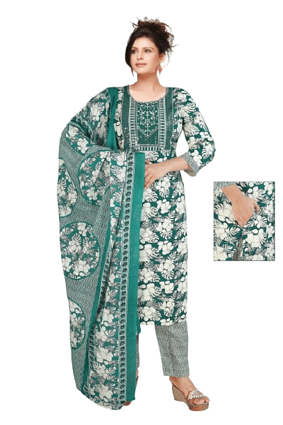 Authenzaa Women 3Pcs Kurti Set ATKS011 White Green 