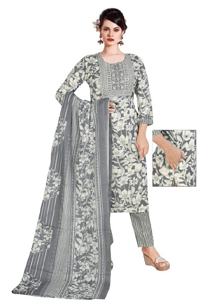 Authenzaa Women 3Pcs Kurti Set ATKS012 White Grey 
