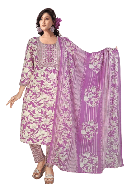Authenzaa Women 3Pcs Kurti Set ATKS014 White Lavender 