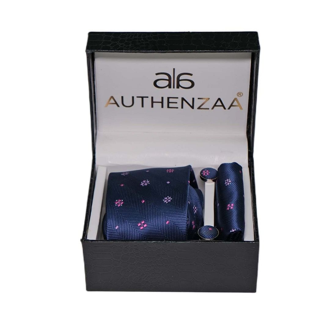 Authenzaa League Tie & Cufflinks  FR-LT1016, Dark Blue 