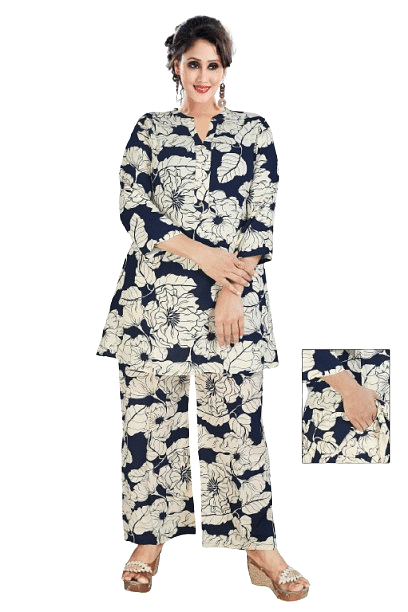 Authenzaa Women 2Pcs Kurti Set ATKS020 Black Cream 