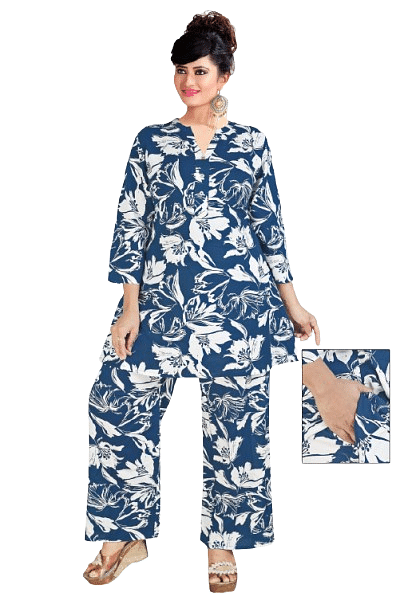 Authenzaa Women 2Pcs Kurti Set ATKS019 White Navy 