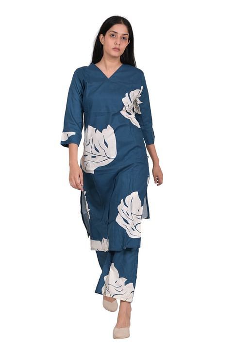 Authenzaa Women 2 Pcs Kurti Set SFBKS032 White Navy 