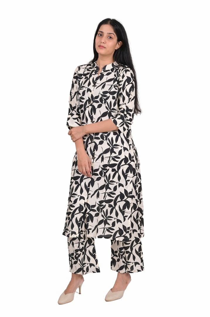 Authenzaa Women 2 Pcs Kurti Set SFBKS035 Cream Black 