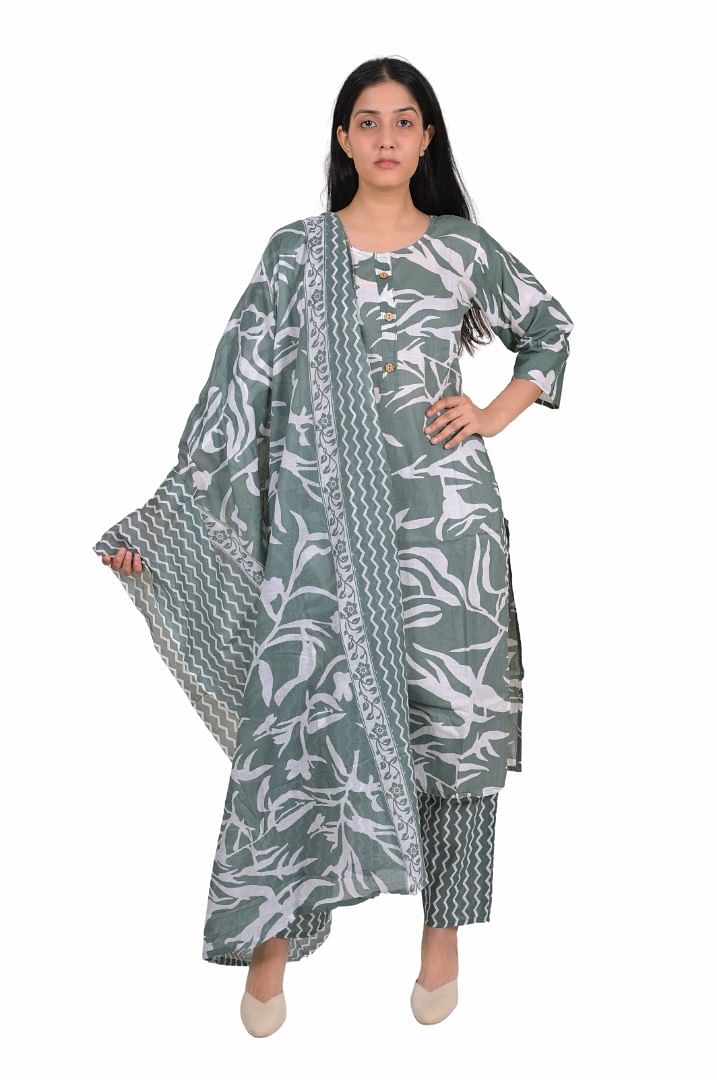 Authenzaa Women 3 Pcs Kurti Set SFBKS040 White Green 