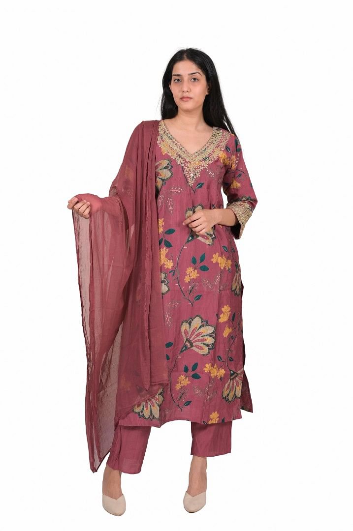 Authenzaa Women 3 Pcs Kurti Set SFBKS041 Light Maroon 