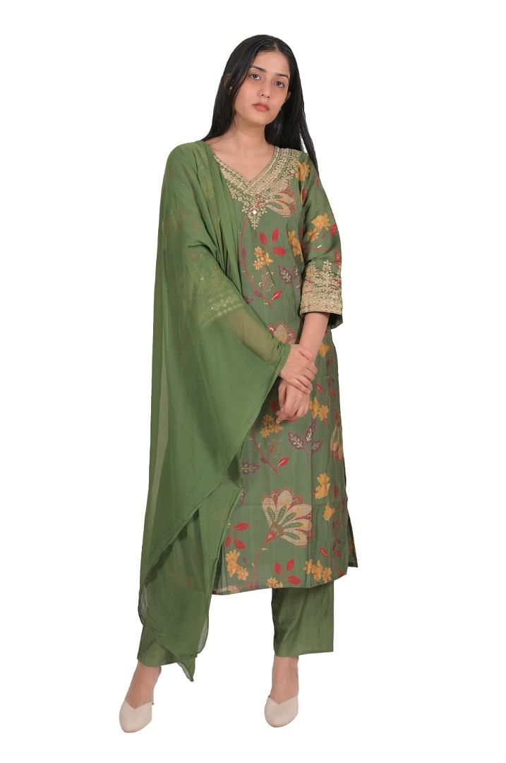 Authenzaa Women 3 Pcs Kurti Set SFBKS042 Green 