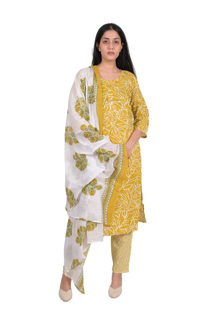 Authenzaa Women 3 Pcs Kurti Set SFBKS043 Yellow 