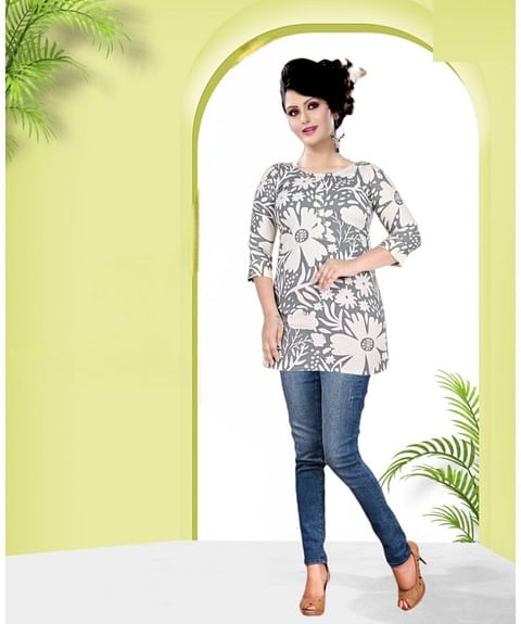 Authenzaa Women Short Kurti SFBKT023 Cream Grey 