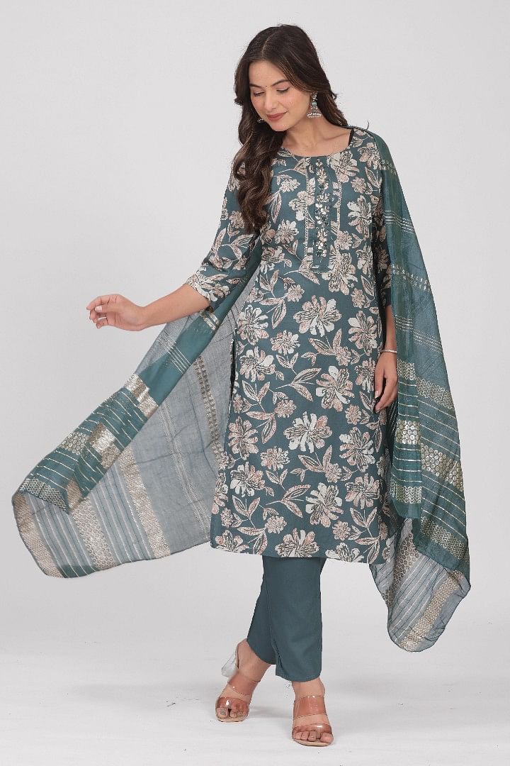 Authenzaa Women 3 pcs Kurti Set SFBKS061 Peacock Green 