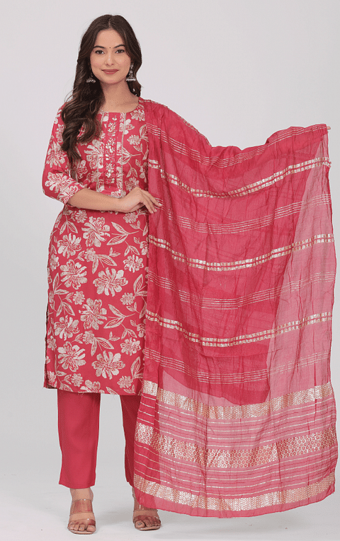 Authenzaa Women 3 Pcs Kurti Set SFBKS062 Pistal Pink 