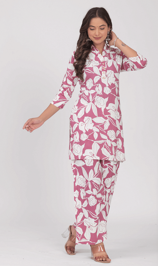 Authenzaa Women 2 Pcs Kurti Set SFBKS064 White Lavender 