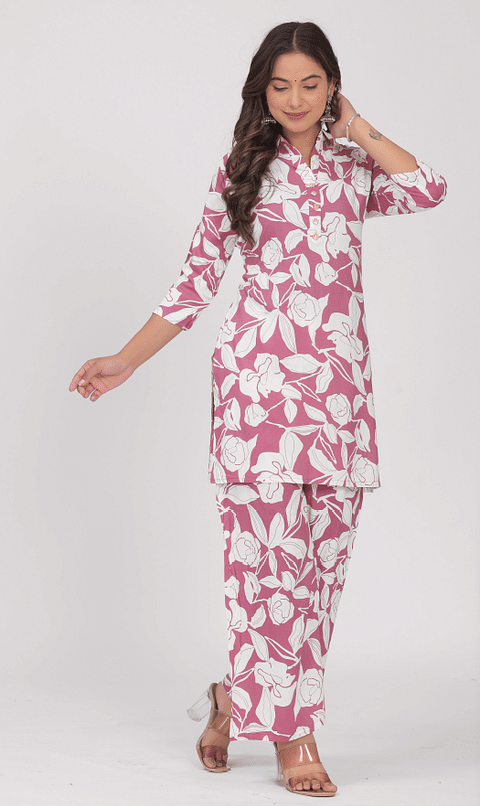 Authenzaa Women 2 Pcs Kurti Set SFBKS064 White Lavender 