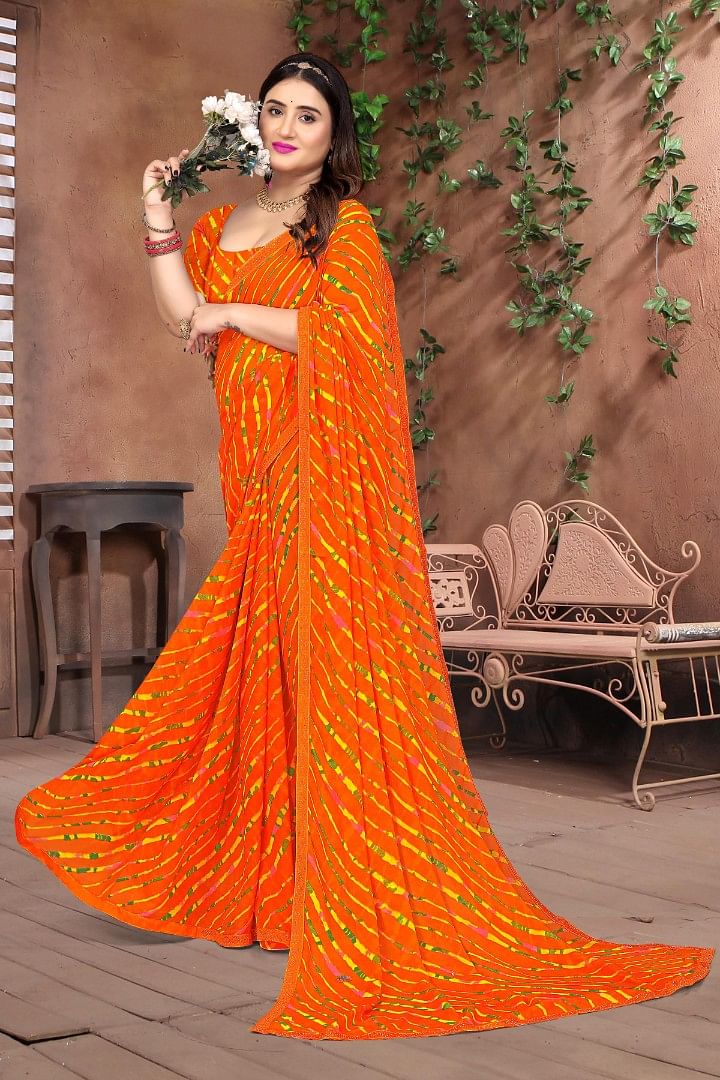 Authenzaa Women Leheriya Saree ASWS135 Orange