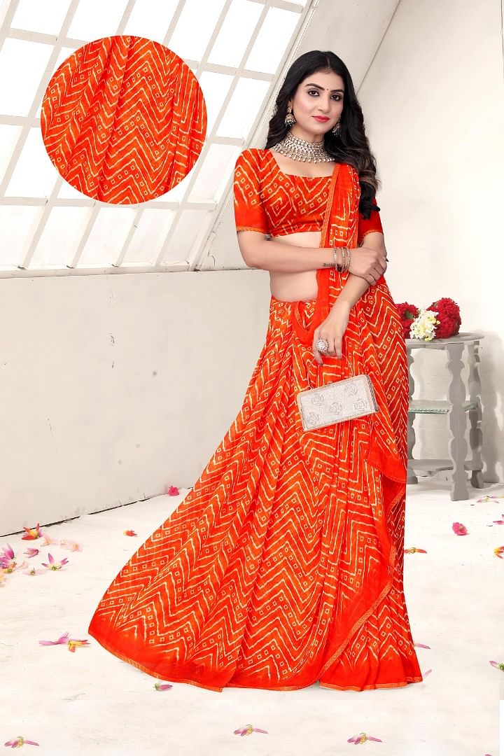 Authenzaa Women Leheriya Saree ASWS154 Orange