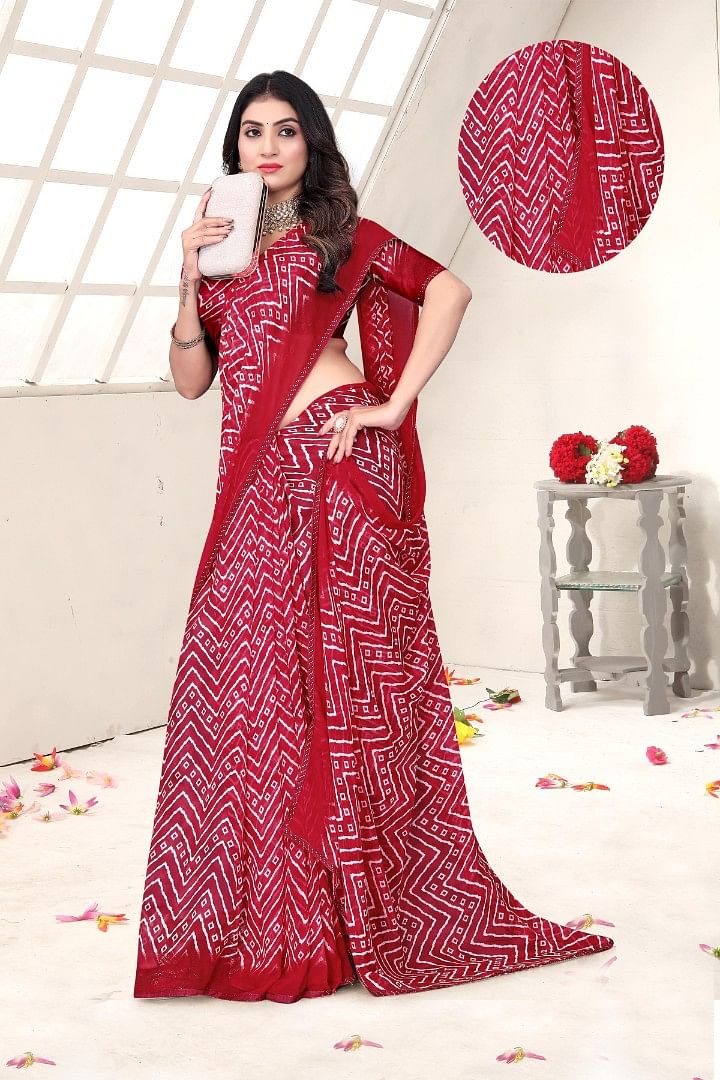 Authenzaa Women Leheriya Saree ASWS154 Cherry