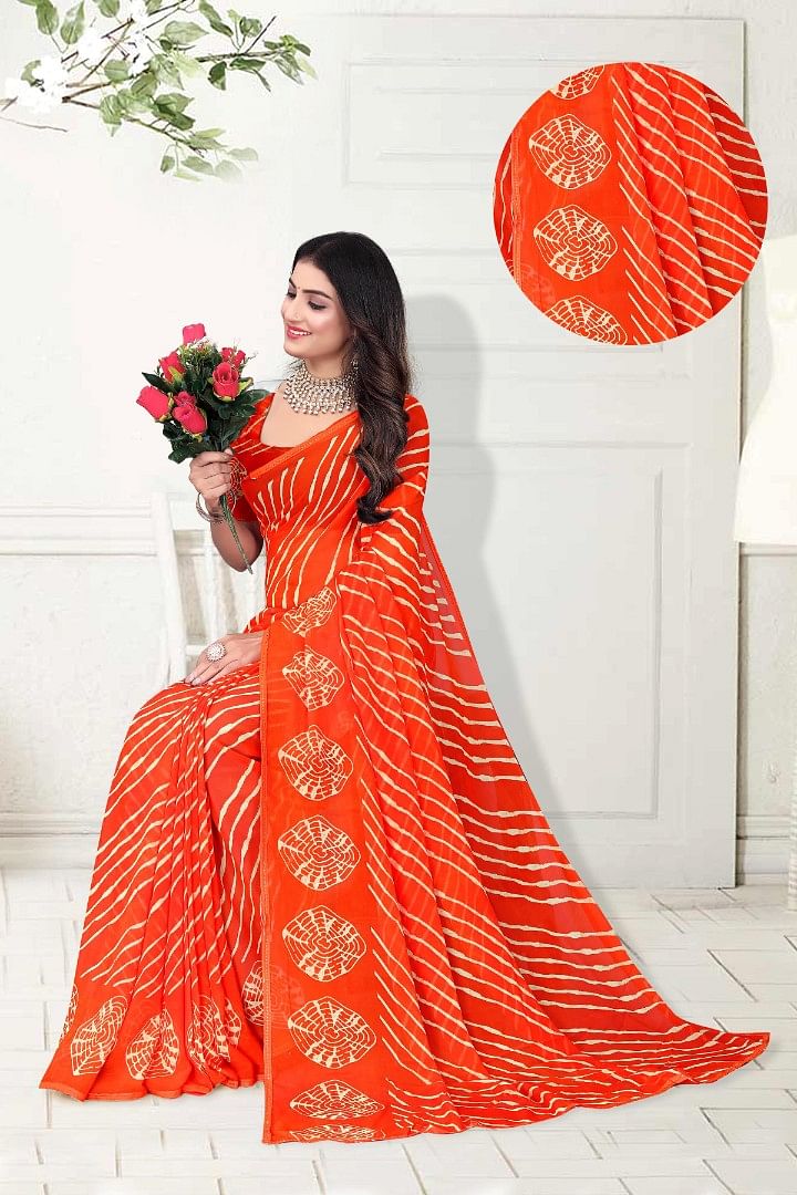Authenzaa Women Leheriya Saree ASWS155 Orange