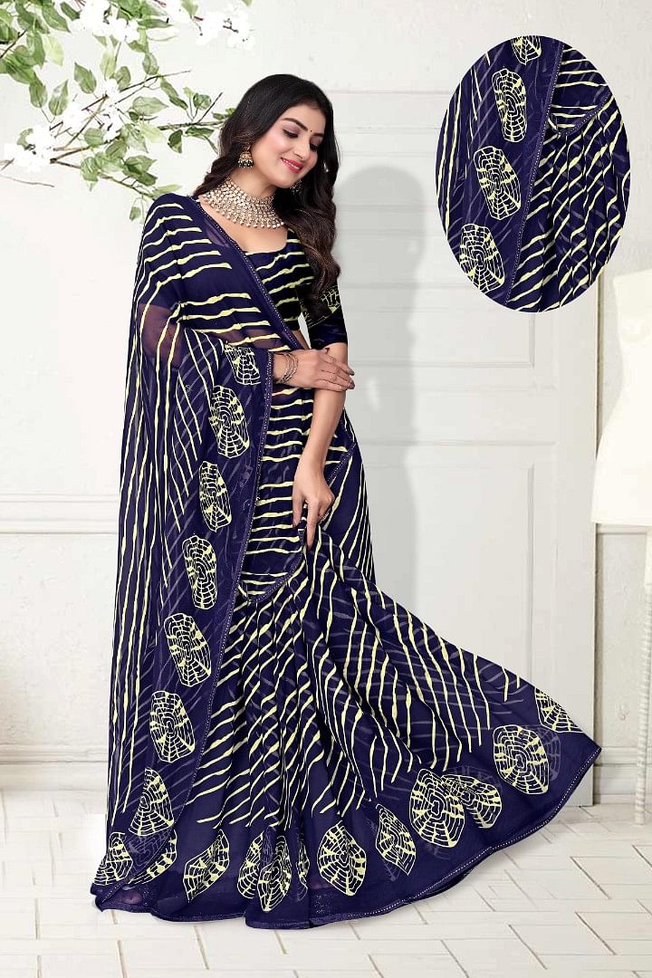 Authenzaa Women Leheriya Saree ASWS155 Navy
