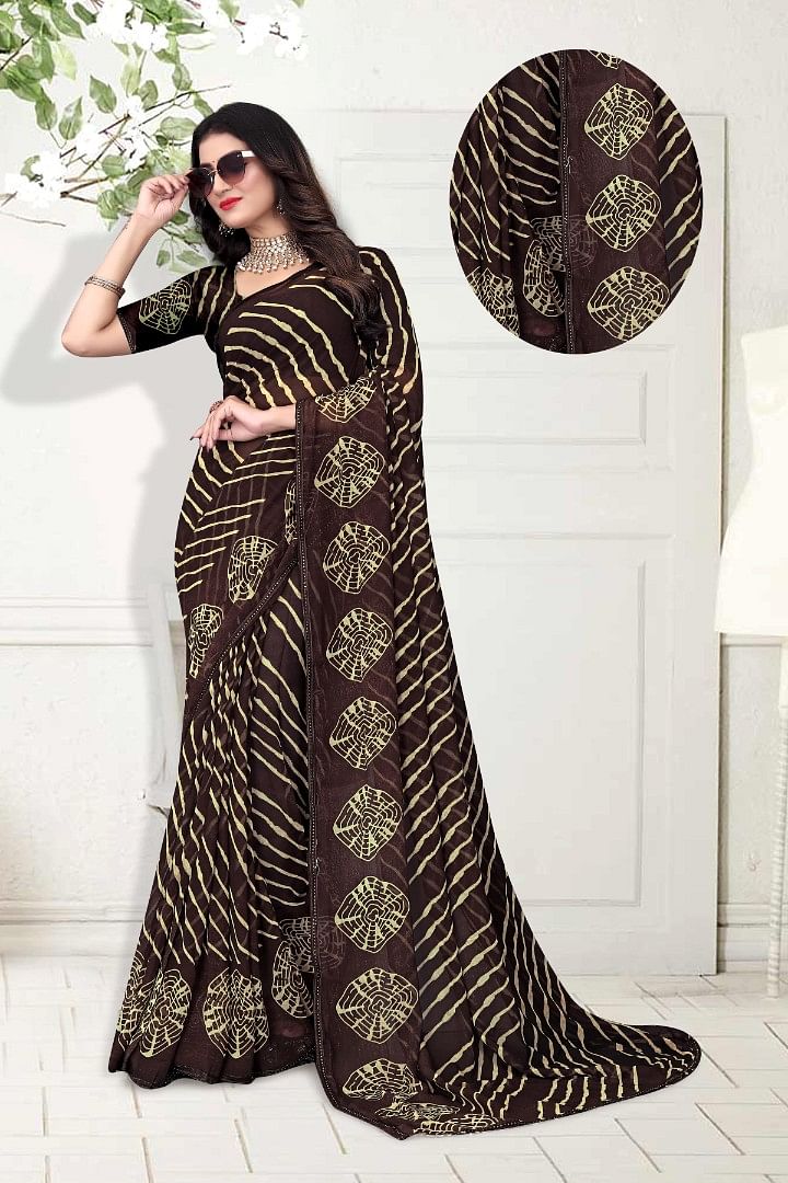 Authenzaa Women Leheriya Saree ASWS155 Coffee