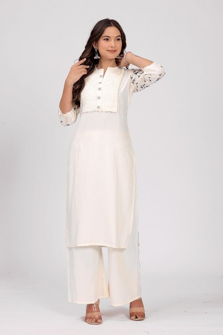 Authenzaa Women 2 Pcs Kurti Set SFBKS071 Cream 