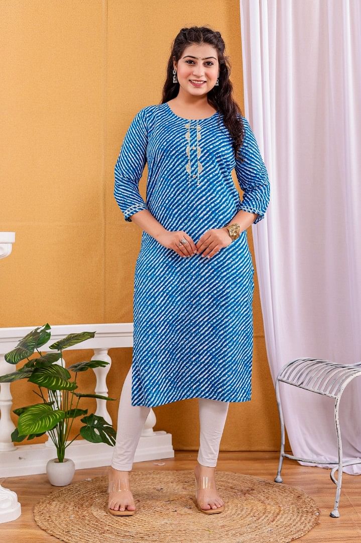 Authenzaa Women Leheriya Kurti SFBKT087 Sky Blue