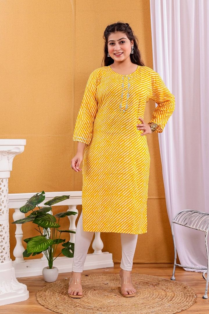 Authenzaa Women Leheriya Kurti SFBKT088 Yellow