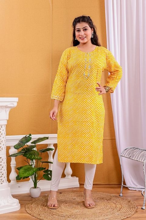 Authenzaa Women Leheriya Kurti SFBKT088 Yellow