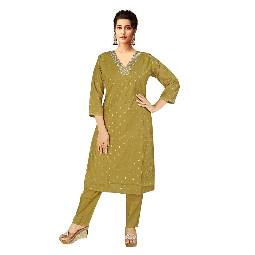 Authenzaa Women 2 Pcs Kurti Set ATKS030 Golden 