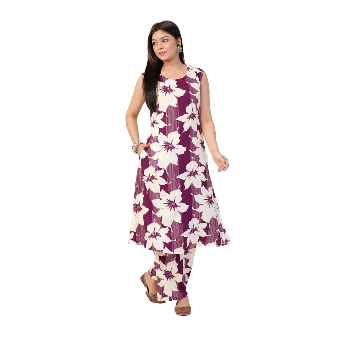 Authenzaa Women 2 Pcs Kurti Set ATKS032 White Lavender 