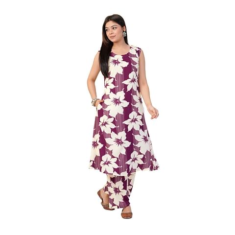 Authenzaa Women 2 Pcs Kurti Set ATKS032 White Lavender 