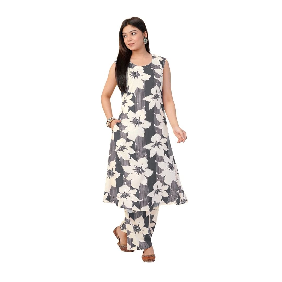 Authenzaa Women 2 Pcs Kurti Set ATKS034 Grey 