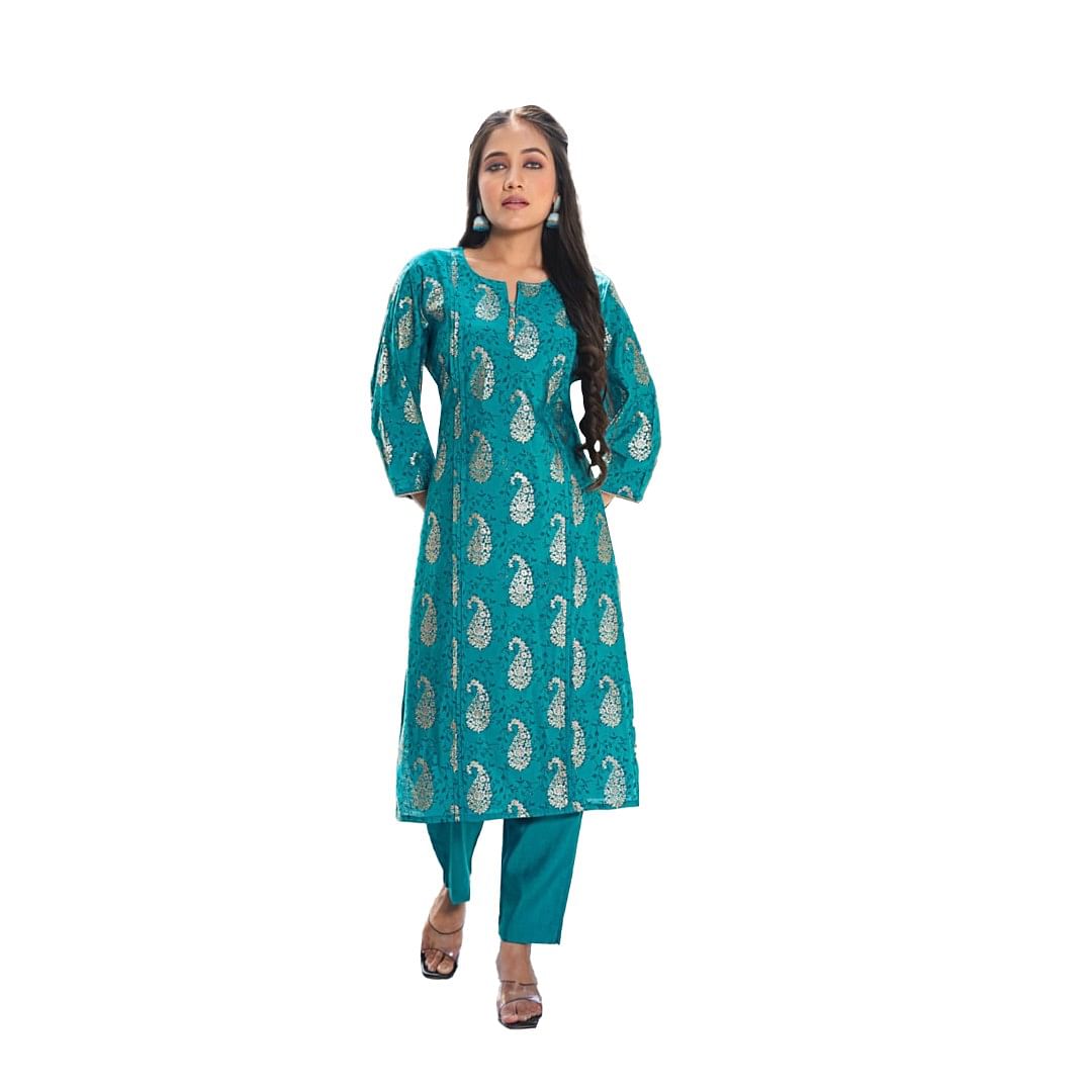 Authenzaa Women 2 Pcs Kurti Set ATKS036 Turqoise 