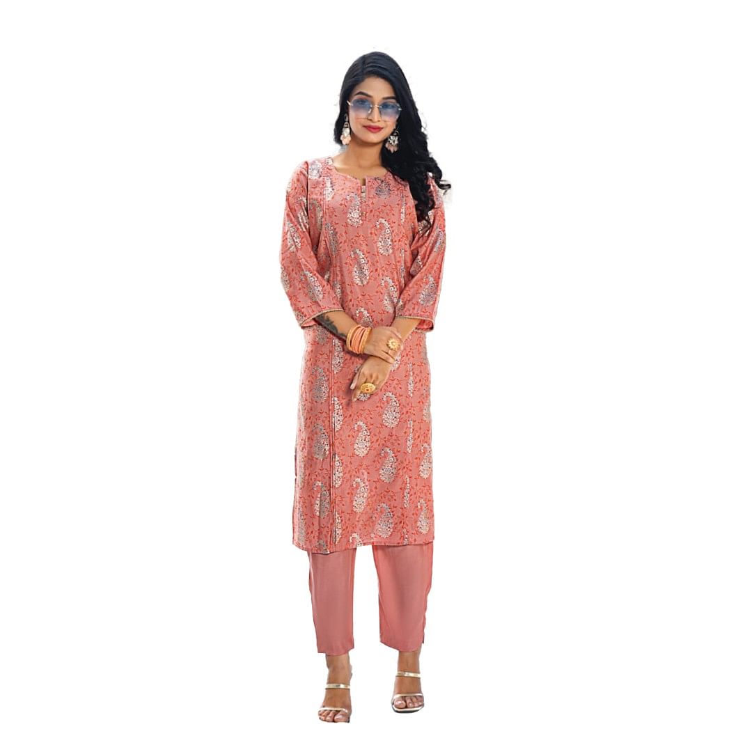 Authenzaa Women 2 Pcs Kurti Set ATKS037 Rust 