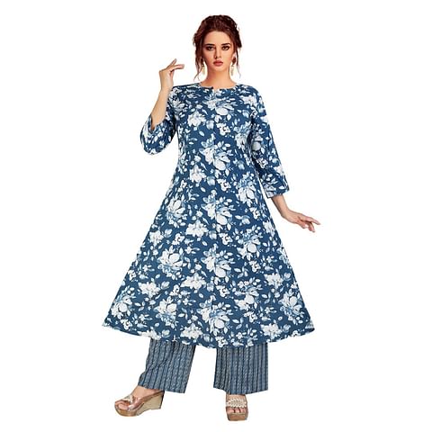 Authenzaa Women 2 Pcs Kurti Set ATKS039 Denim 